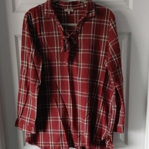 JODIFL Size Med Dark Red and White Plaid Distressed Long Sleeve Top Western Chic